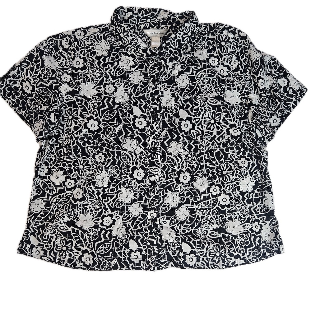 Christopher & Banks‎ Shirt Womens Large Black White Floral Flocked Button Front